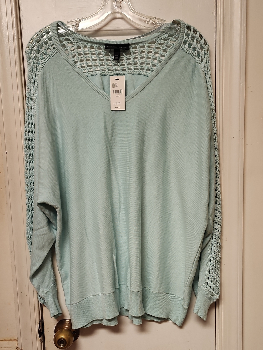 Light Aqua Crochet-Sleeve V-Neck Sweater